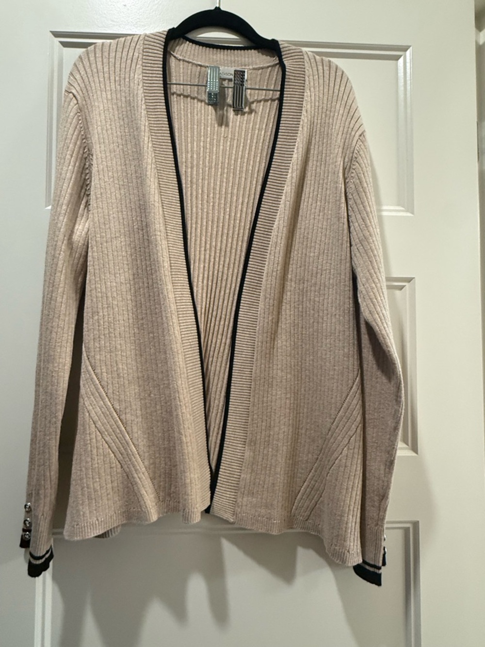 Madison Ribbed Open-Front Cardigan in Beige with Black Trim